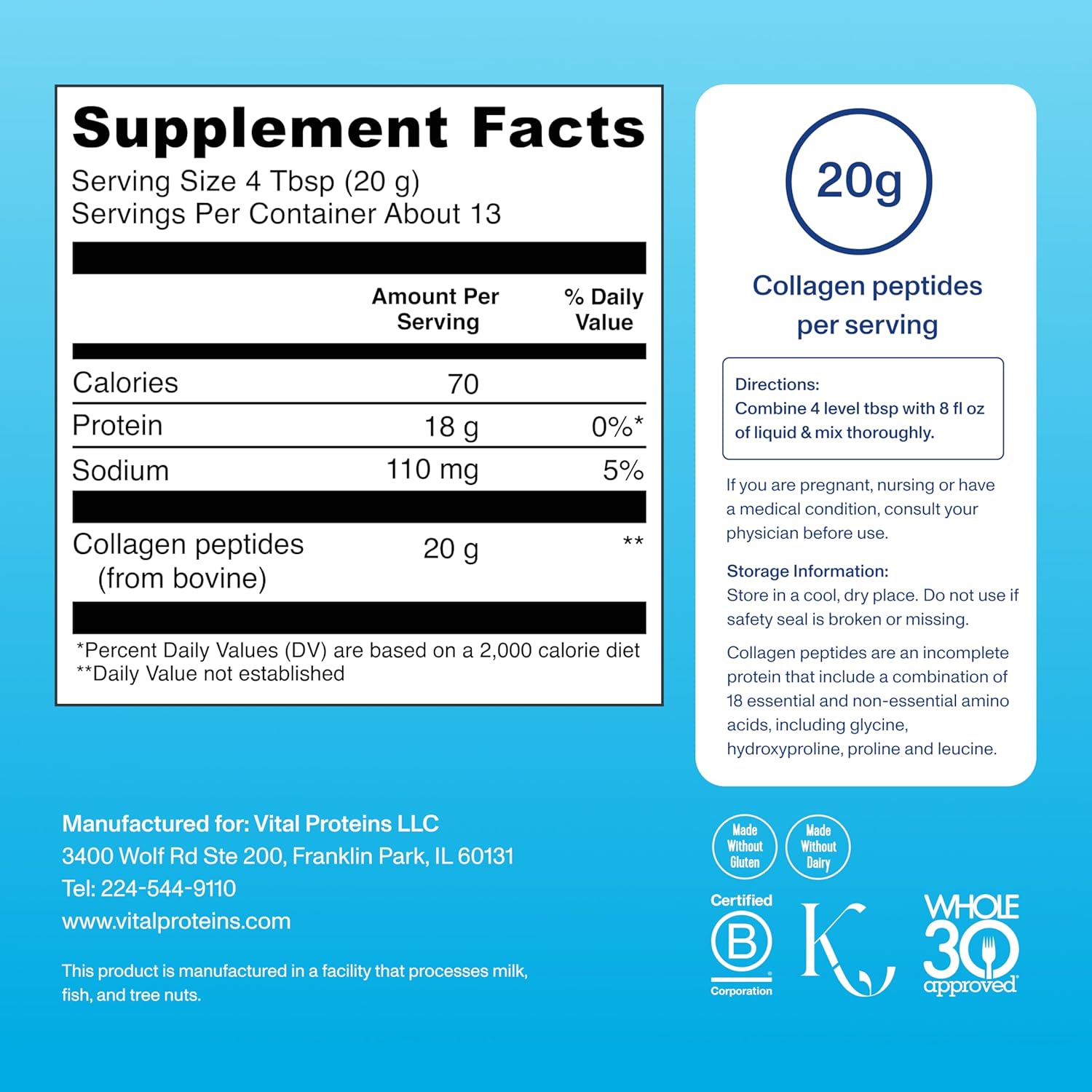 Hydrolyzed Grass Fed Collagen Peptides Powder for Hair, Skin, Nails, Bones, & Joints - Unflavored Zero Sugar Supplement 9.33oz