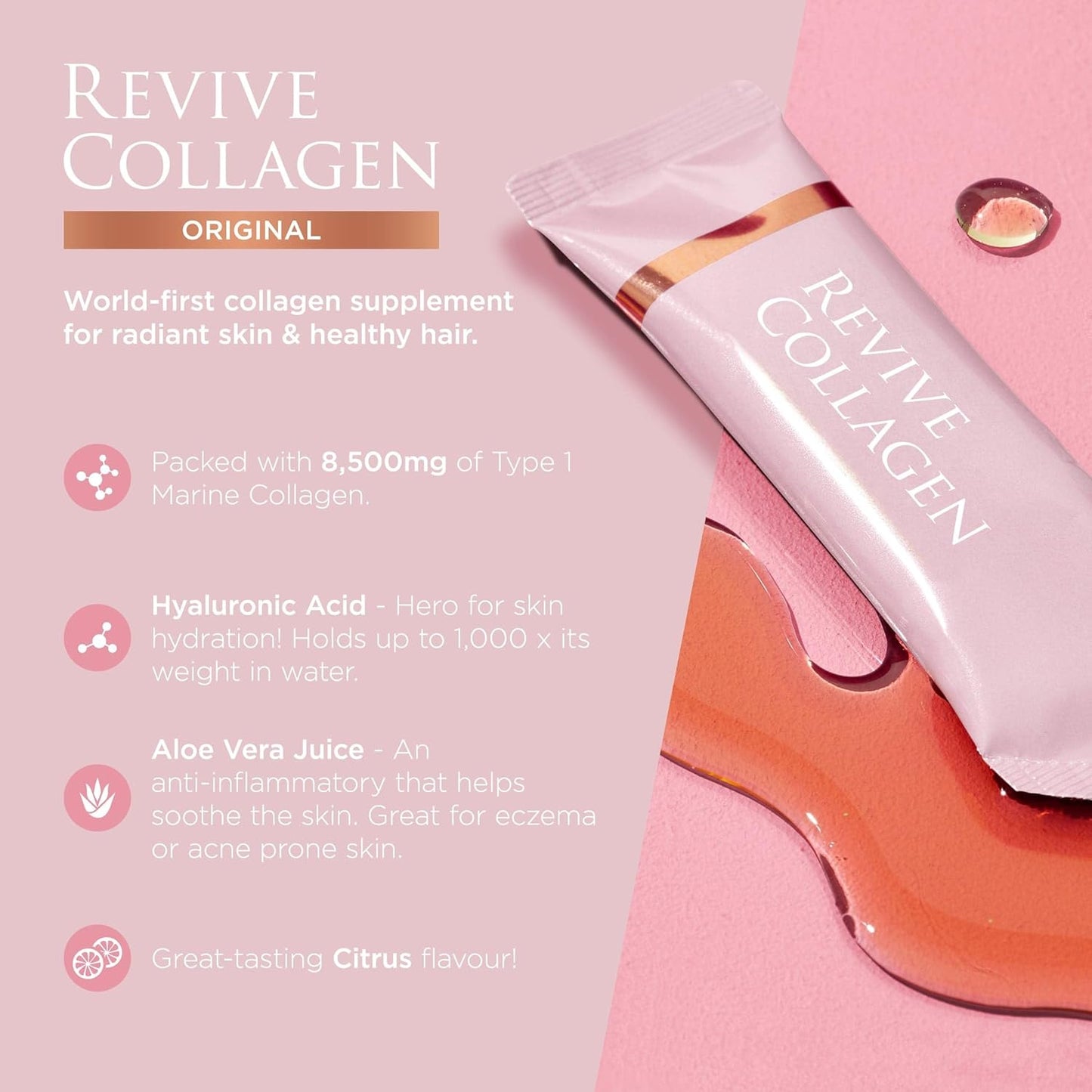 Hydrolyzed Marine Collagen Drink with Hyaluronic Acid & Aloe Vera for Skin, Hair, Nails & Joints - Lemon & Lime - 28 Day Supply