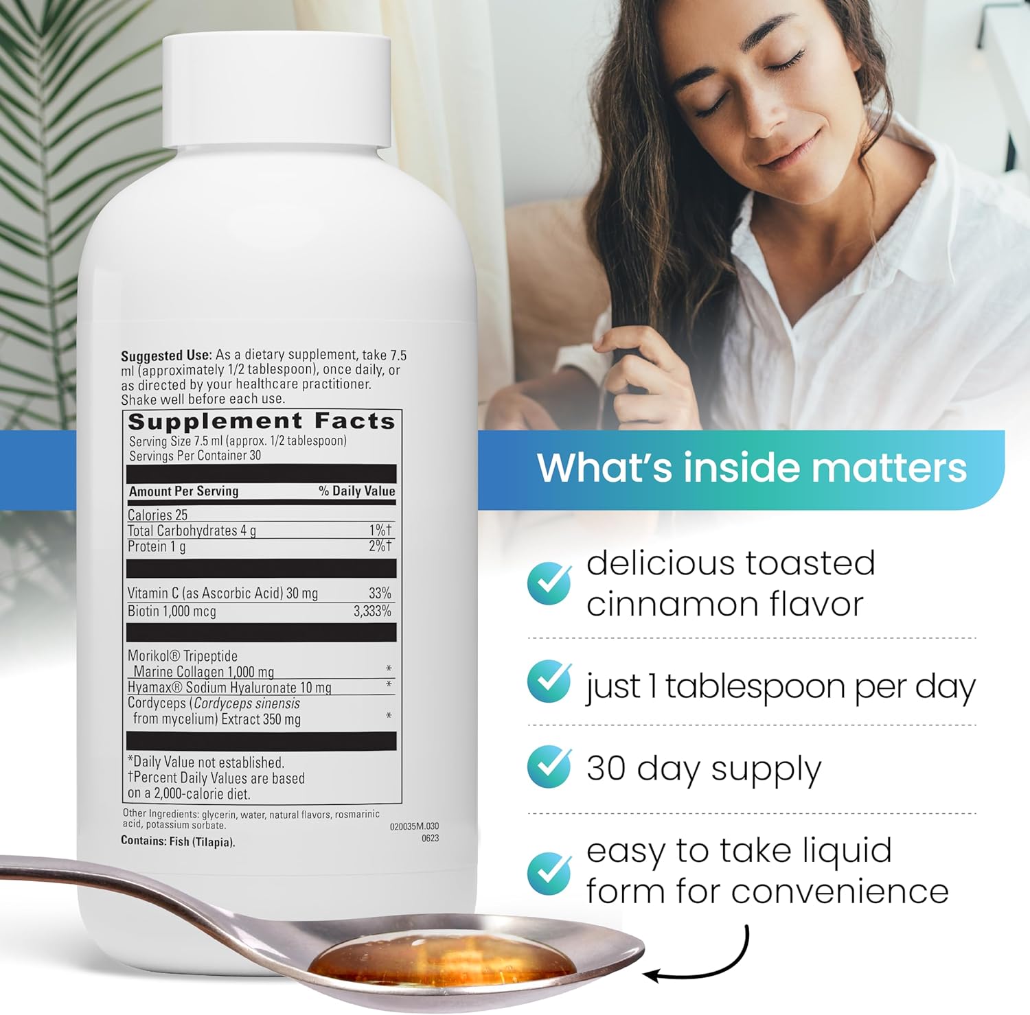 Hydrolyzed Marine Collagen Peptides Supplement for Hair, Skin, Nails - Anti-Aging, Skin Renewal, Healthy Joints - Cinnamon Flavor, 30 Servings