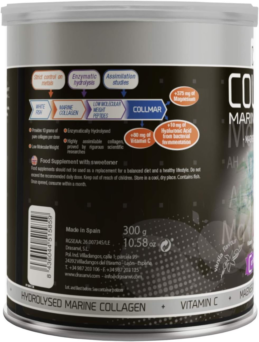 Hydrolyzed Marine Collagen Powder with Magnesium for Skin, Cartilage, and Bones - Vanilla Flavor - Reduce Tiredness and Fatigue - 300g