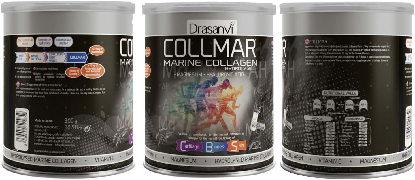 Hydrolyzed Marine Collagen Powder with Magnesium for Skin, Cartilage, and Bones - Vanilla Flavor - Reduce Tiredness and Fatigue - 300g