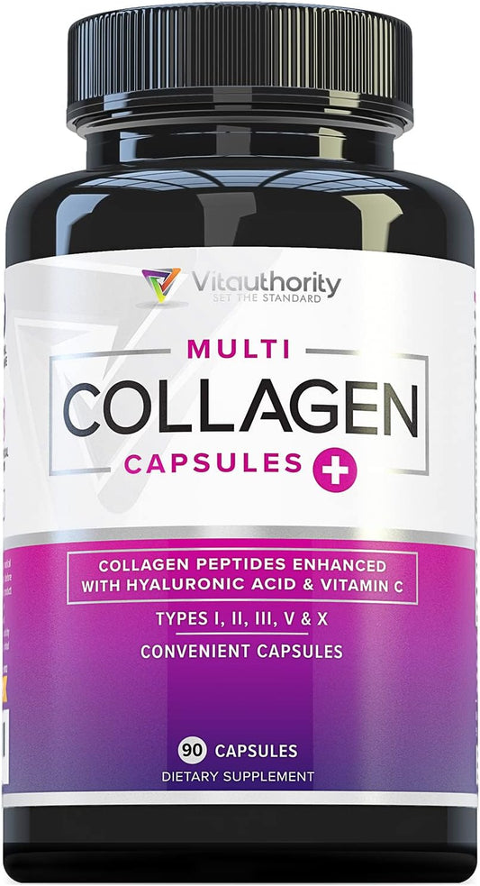 Hydrolyzed Multi Collagen Capsules for Hair, Skin, and Nails - High Absorption Peptides with Hyaluronic Acid and Vitamin C - 30 Servings