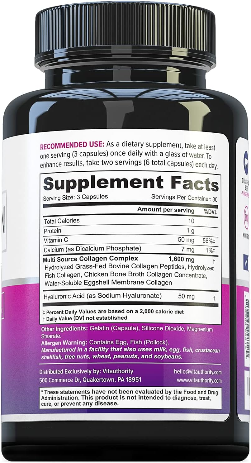 Hydrolyzed Multi Collagen Capsules for Hair, Skin, and Nails - High Absorption Peptides with Hyaluronic Acid and Vitamin C - 30 Servings