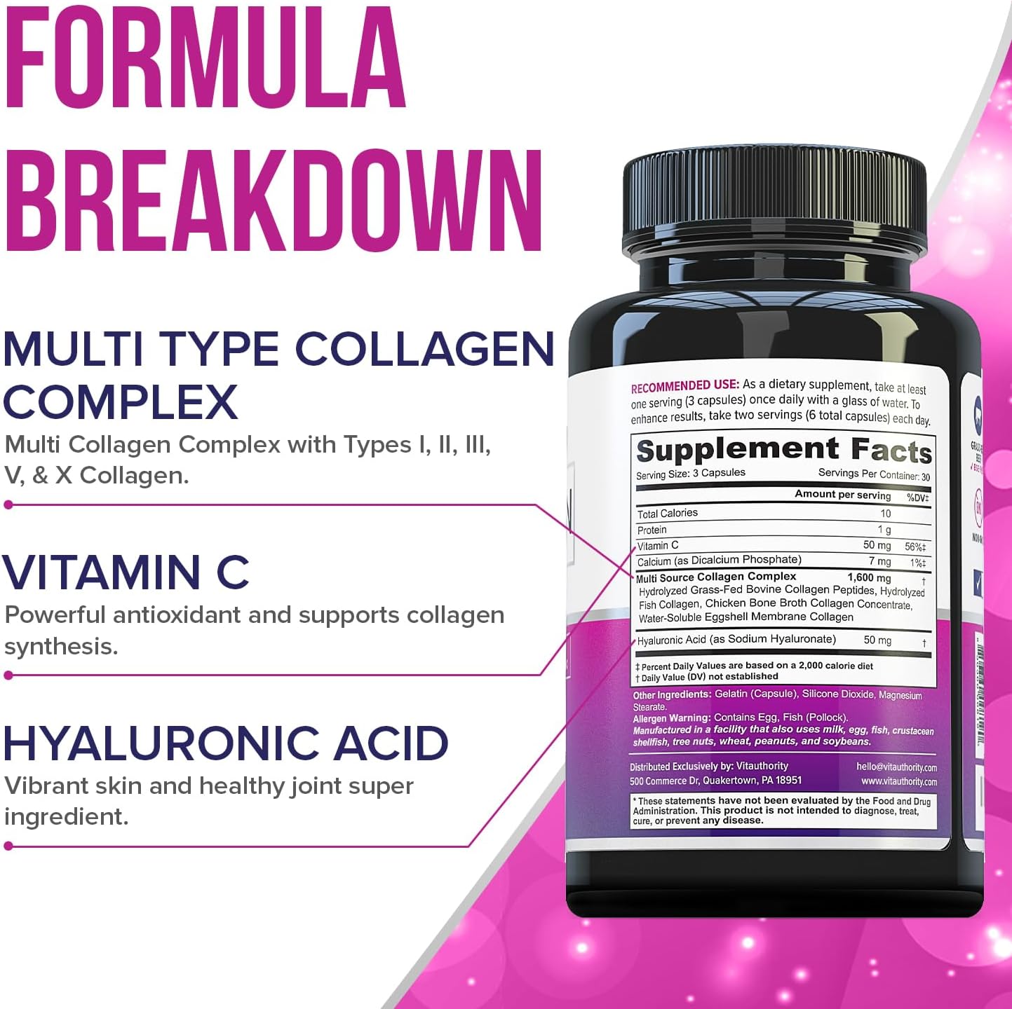 Hydrolyzed Multi Collagen Capsules for Hair, Skin, and Nails - High Absorption Peptides with Hyaluronic Acid and Vitamin C - 30 Servings
