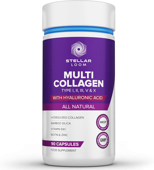 Hydrolyzed Multi Collagen Capsules with Hyaluronic Acid - 1500mg | Types I, II, III, V & X | Vitamin E, C, Biotin, Zinc | Hydrating & Smoothing | Non GMO | 90 Caps