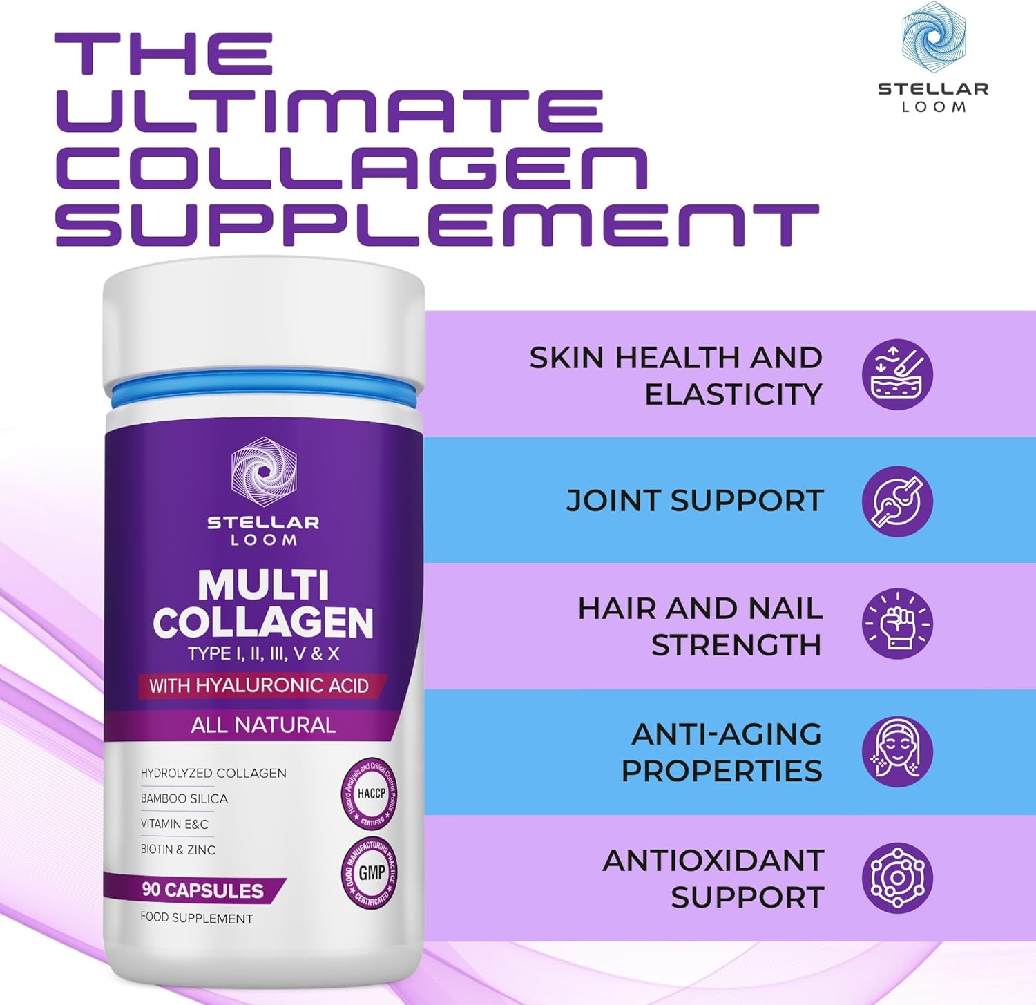 Hydrolyzed Multi Collagen Capsules with Hyaluronic Acid - 1500mg | Types I, II, III, V & X | Vitamin E, C, Biotin, Zinc | Hydrating & Smoothing | Non GMO | 90 Caps