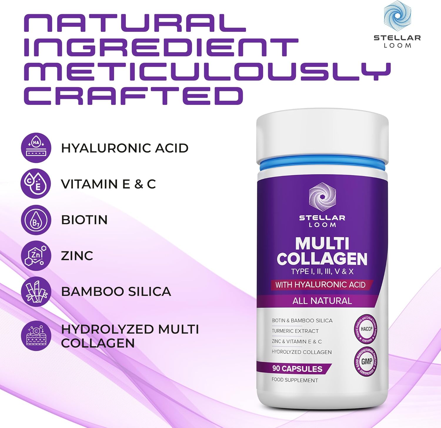 Hydrolyzed Multi Collagen Capsules with Hyaluronic Acid - 1500mg | Types I, II, III, V & X | Vitamin E, C, Biotin, Zinc | Hydrating & Smoothing | Non GMO | 90 Caps