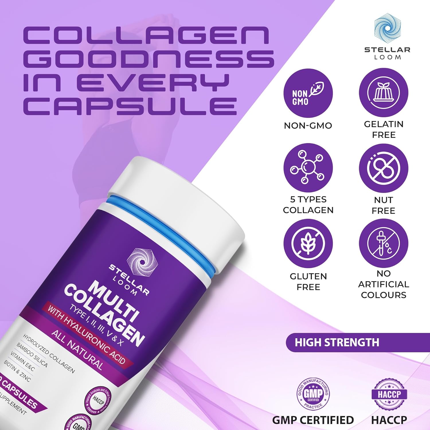 Hydrolyzed Multi Collagen Capsules with Hyaluronic Acid - 1500mg | Types I, II, III, V & X | Vitamin E, C, Biotin, Zinc | Hydrating & Smoothing | Non GMO | 90 Caps