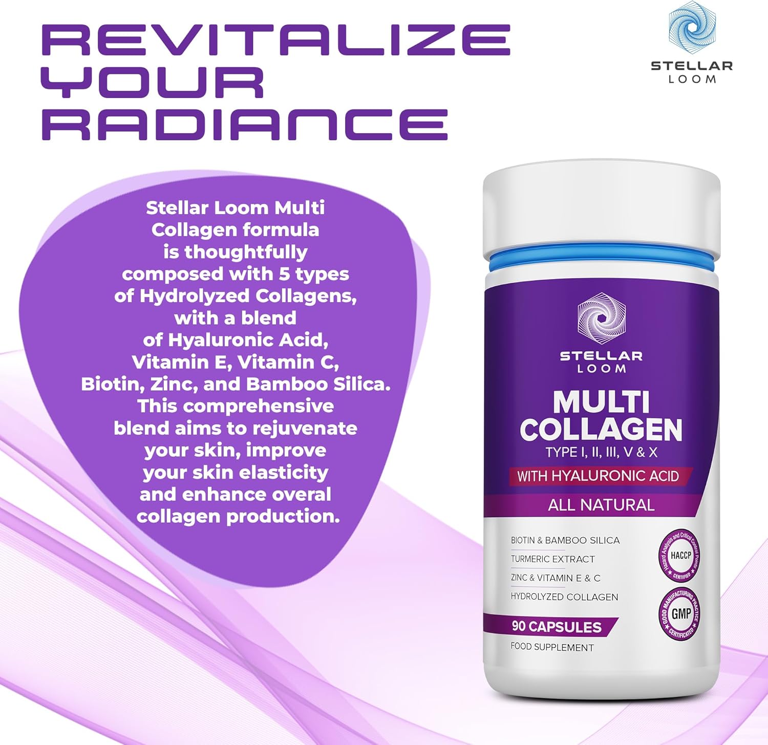 Hydrolyzed Multi Collagen Capsules with Hyaluronic Acid - 1500mg | Types I, II, III, V & X | Vitamin E, C, Biotin, Zinc | Hydrating & Smoothing | Non GMO | 90 Caps