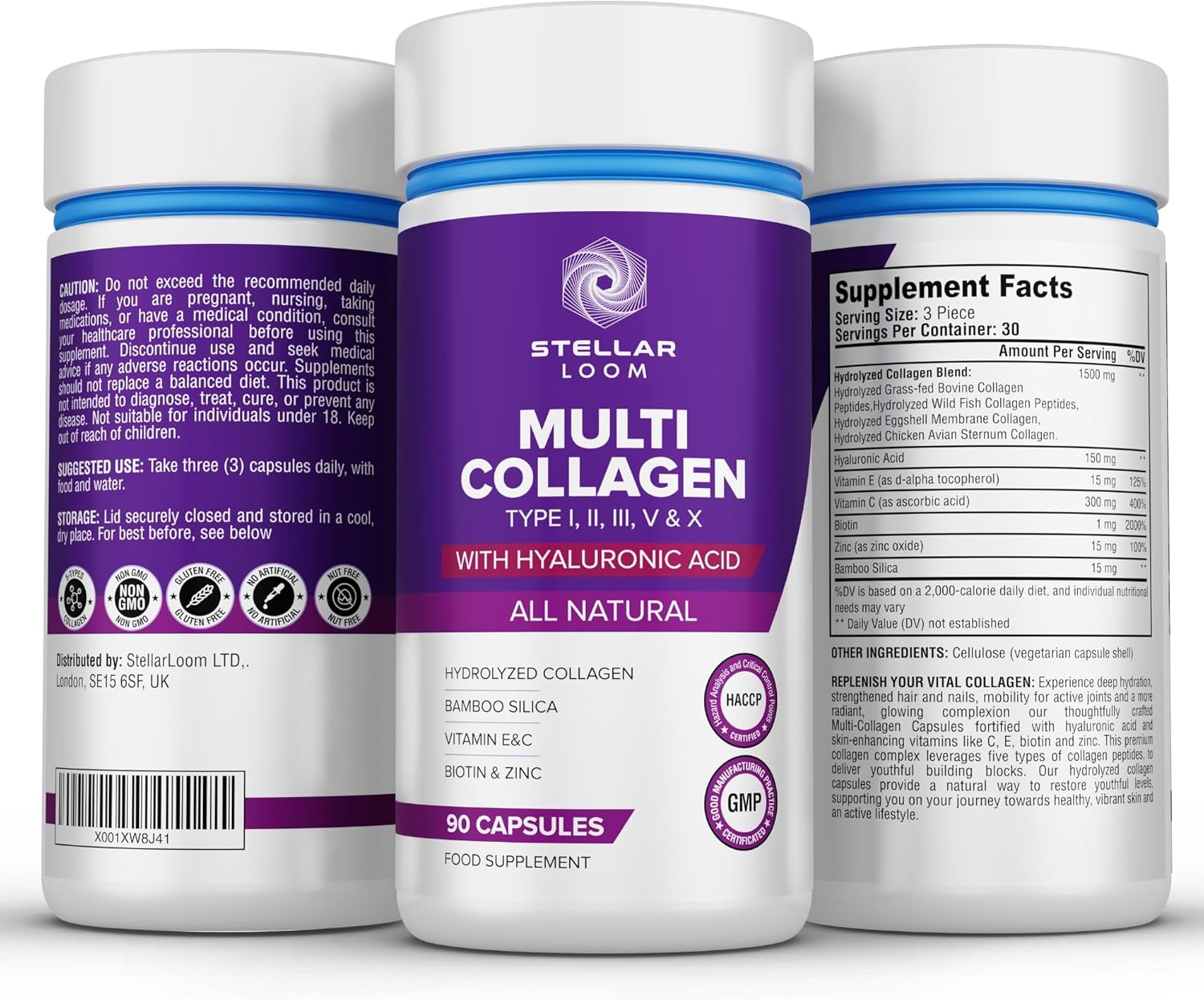 Hydrolyzed Multi Collagen Capsules with Hyaluronic Acid - 1500mg | Types I, II, III, V & X | Vitamin E, C, Biotin, Zinc | Hydrating & Smoothing | Non GMO | 90 Caps
