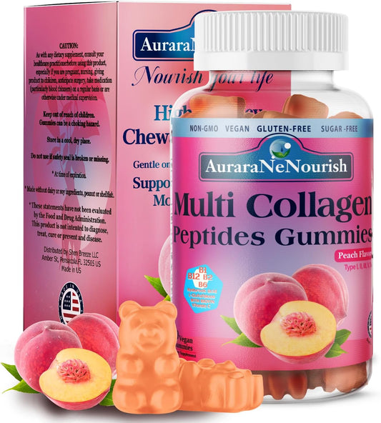 Hydrolyzed Multi Collagen Peptides Gummies with Biotin & Vitamins - Peach Flavored Hair, Skin, Nail, and Joint Support Supplement