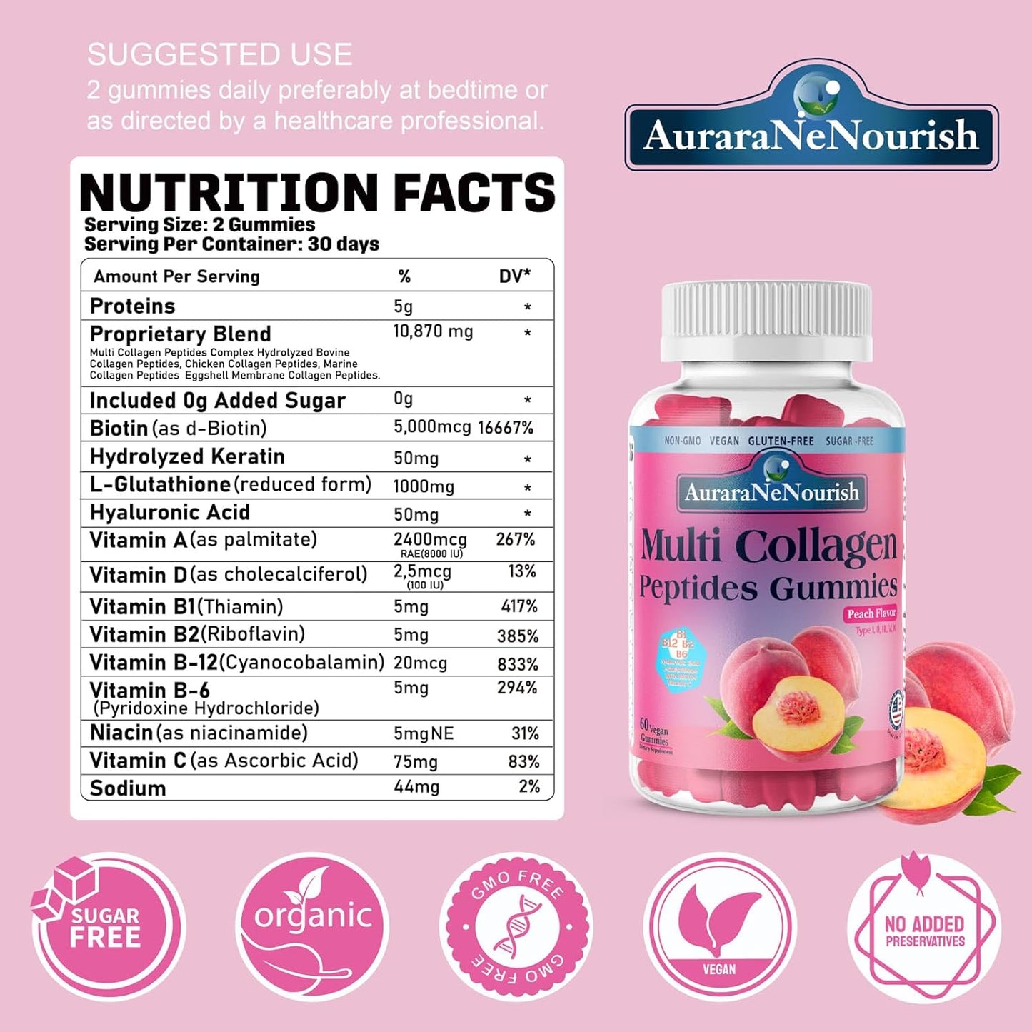 Hydrolyzed Multi Collagen Peptides Gummies with Biotin & Vitamins - Peach Flavored Hair, Skin, Nail, and Joint Support Supplement