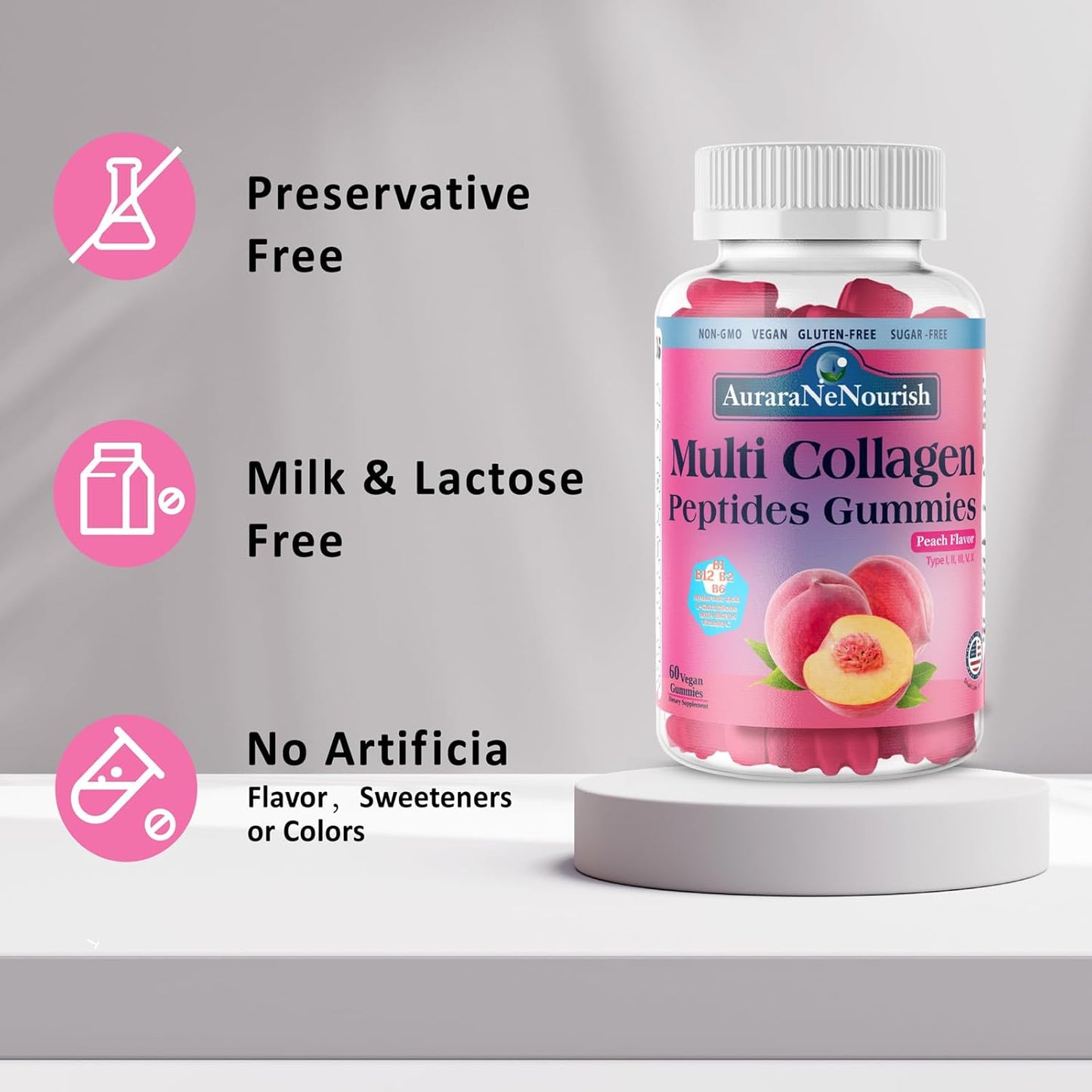 Hydrolyzed Multi Collagen Peptides Gummies with Biotin & Vitamins - Peach Flavored Hair, Skin, Nail, and Joint Support Supplement