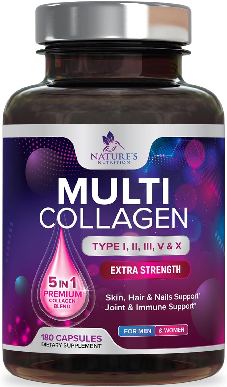 Hydrolyzed Multi Collagen Peptides Supplements for Hair, Skin, Nails, and Joints - Non-GMO Collagen Pills for Men & Women - 180 Capsules