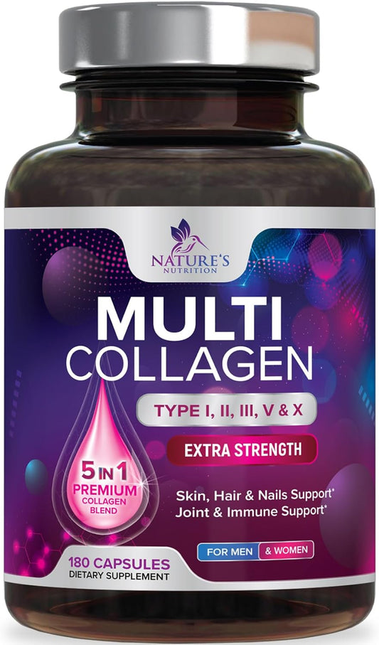Hydrolyzed Multi Collagen Peptides Supplements for Hair, Skin, Nails, and Joints - Non-GMO Collagen Pills for Men & Women - 180 Capsules