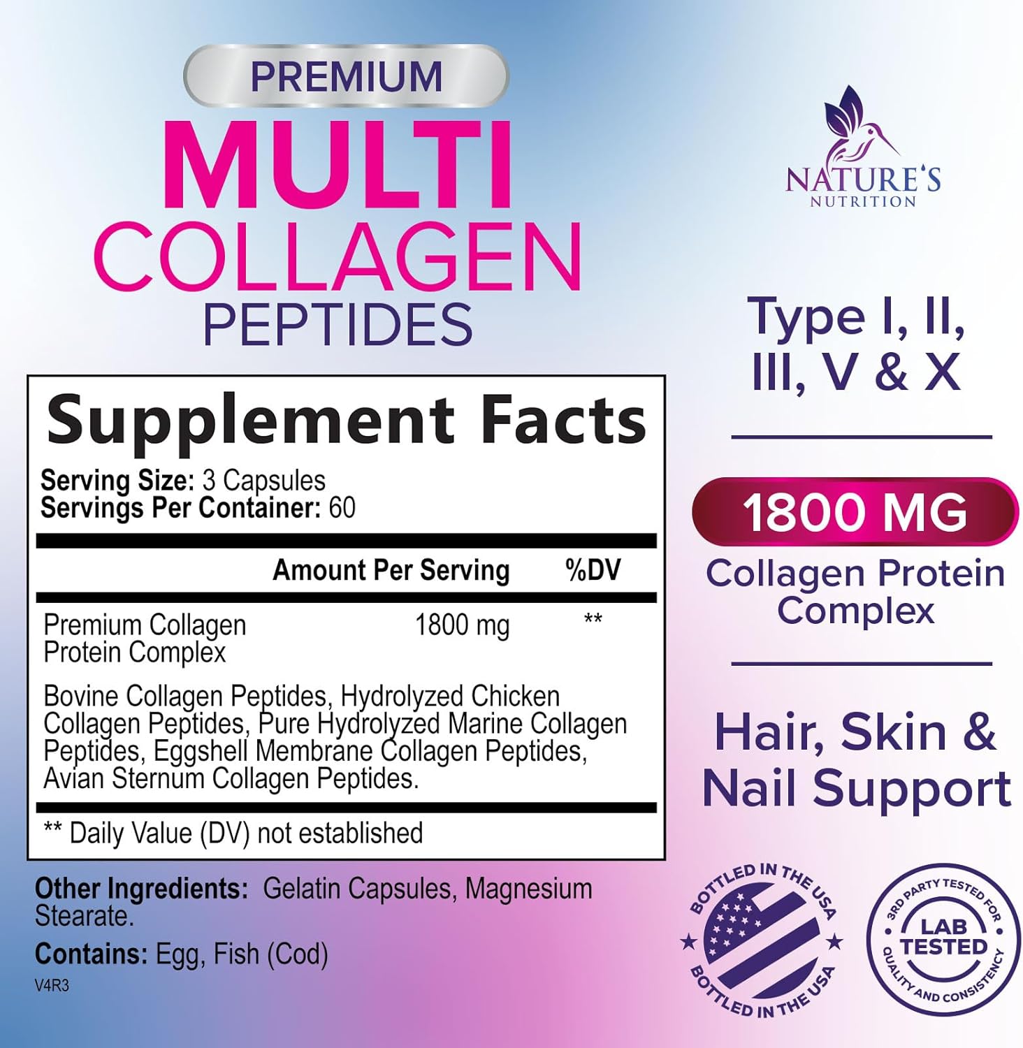 Hydrolyzed Multi Collagen Peptides Supplements for Hair, Skin, Nails, and Joints - Non-GMO Collagen Pills for Men & Women - 180 Capsules