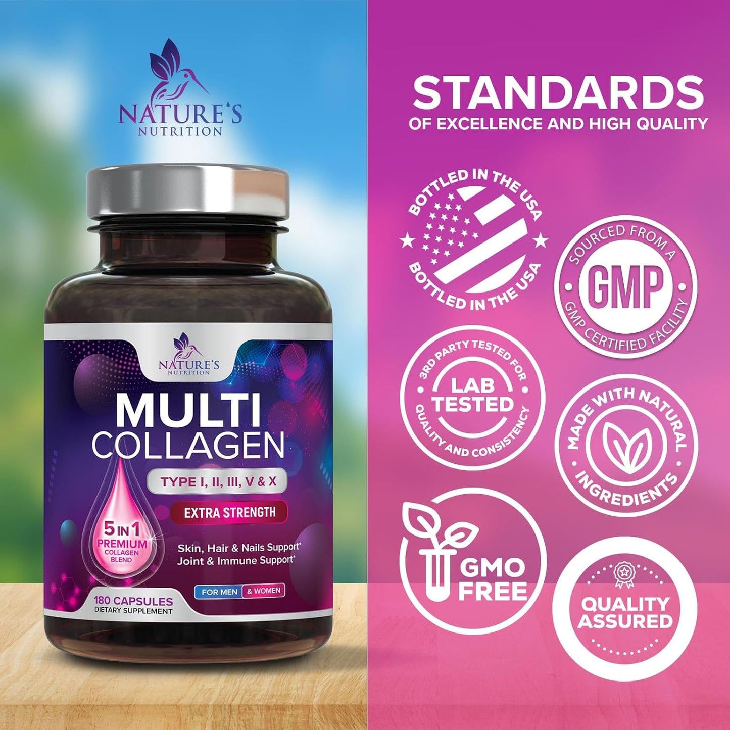 Hydrolyzed Multi Collagen Peptides Supplements for Hair, Skin, Nails, and Joints - Non-GMO Collagen Pills for Men & Women - 180 Capsules