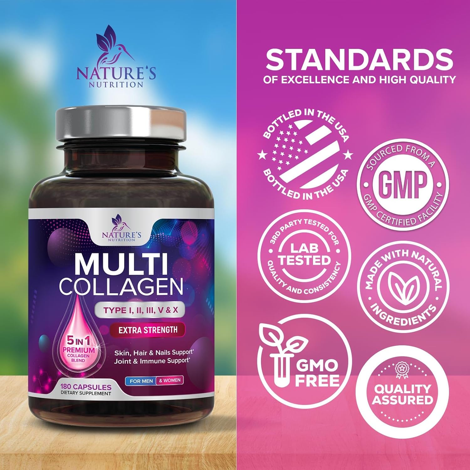 Hydrolyzed Multi Collagen Peptides Supplements for Hair, Skin, Nails, and Joints - Non-GMO Collagen Pills for Men & Women - 180 Capsules
