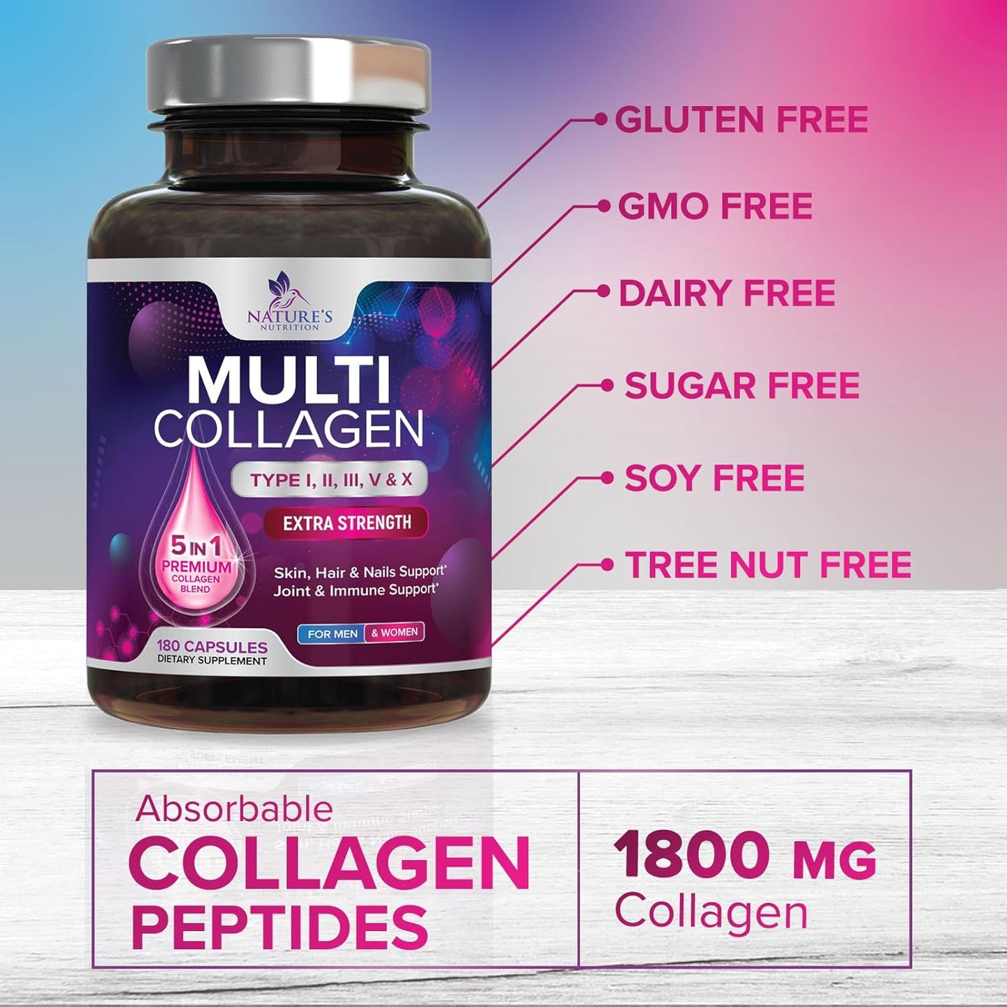 Hydrolyzed Multi Collagen Peptides Supplements for Hair, Skin, Nails, and Joints - Non-GMO Collagen Pills for Men & Women - 180 Capsules
