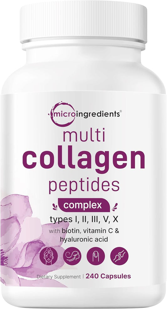Hydrolyzed Multi Collagen Pills with Biotin, Hyaluronic Acid, Vitamin C - 240 Capsules for Hair, Skin, Nails, Joints - Men & Women, Type I, II, III, V, X