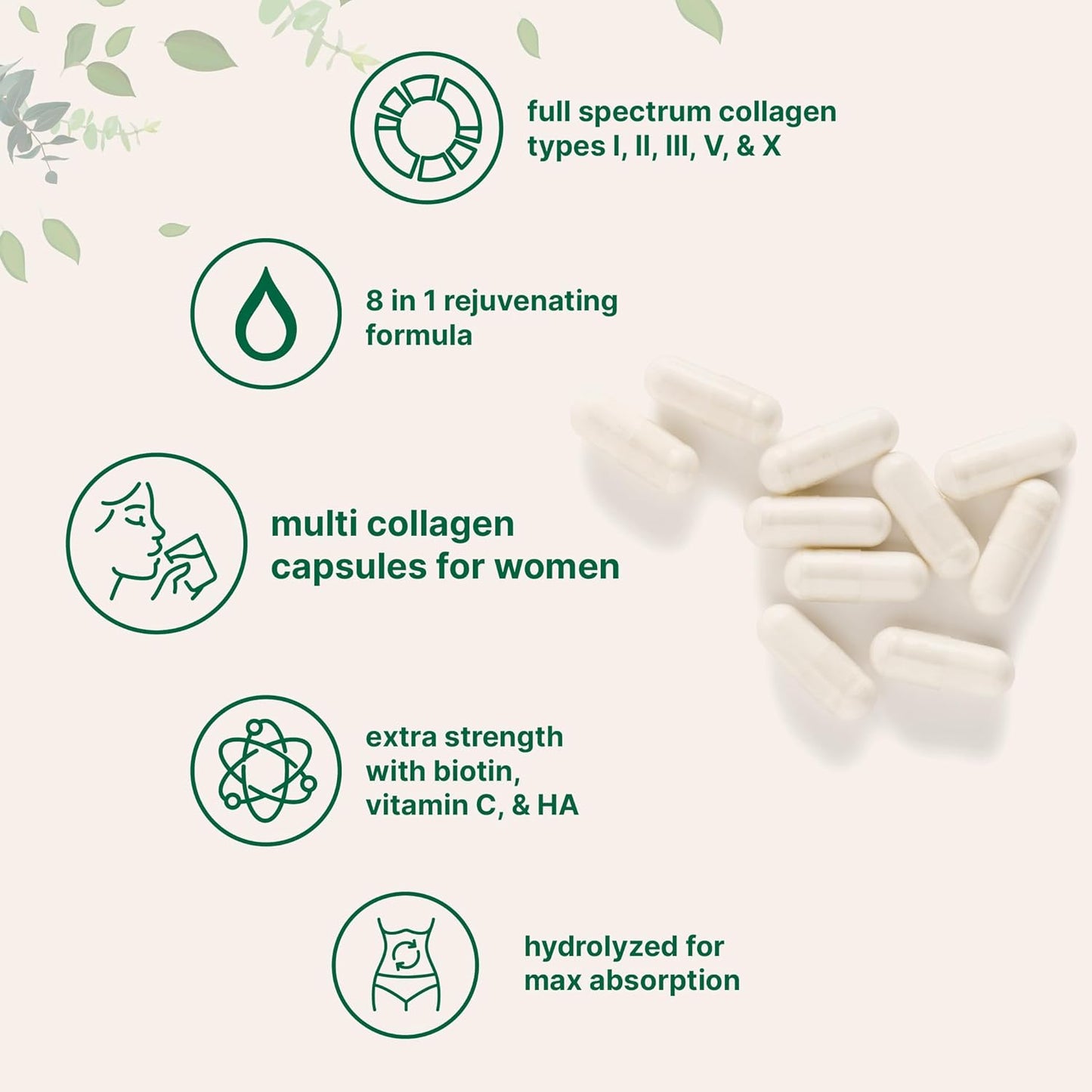 Hydrolyzed Multi Collagen Pills with Biotin, Hyaluronic Acid, Vitamin C - 240 Capsules for Hair, Skin, Nails, Joints - Men & Women, Type I, II, III, V, X