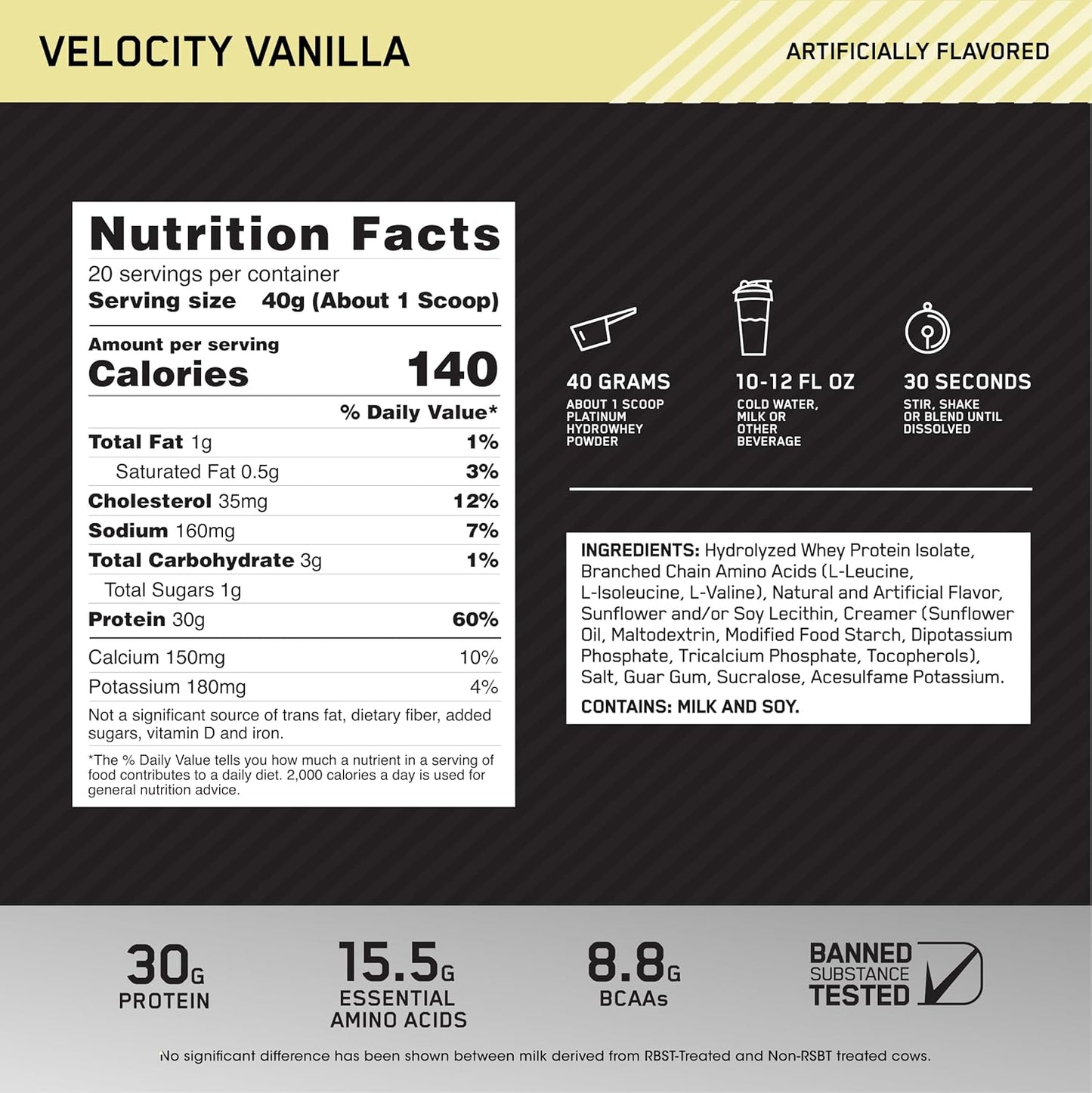 Hydrolyzed Whey Protein Isolate Powder, Velocity Vanilla Flavor, 20 Servings, 1.76lbs, Optimum Nutrition Platinum Hydrowhey