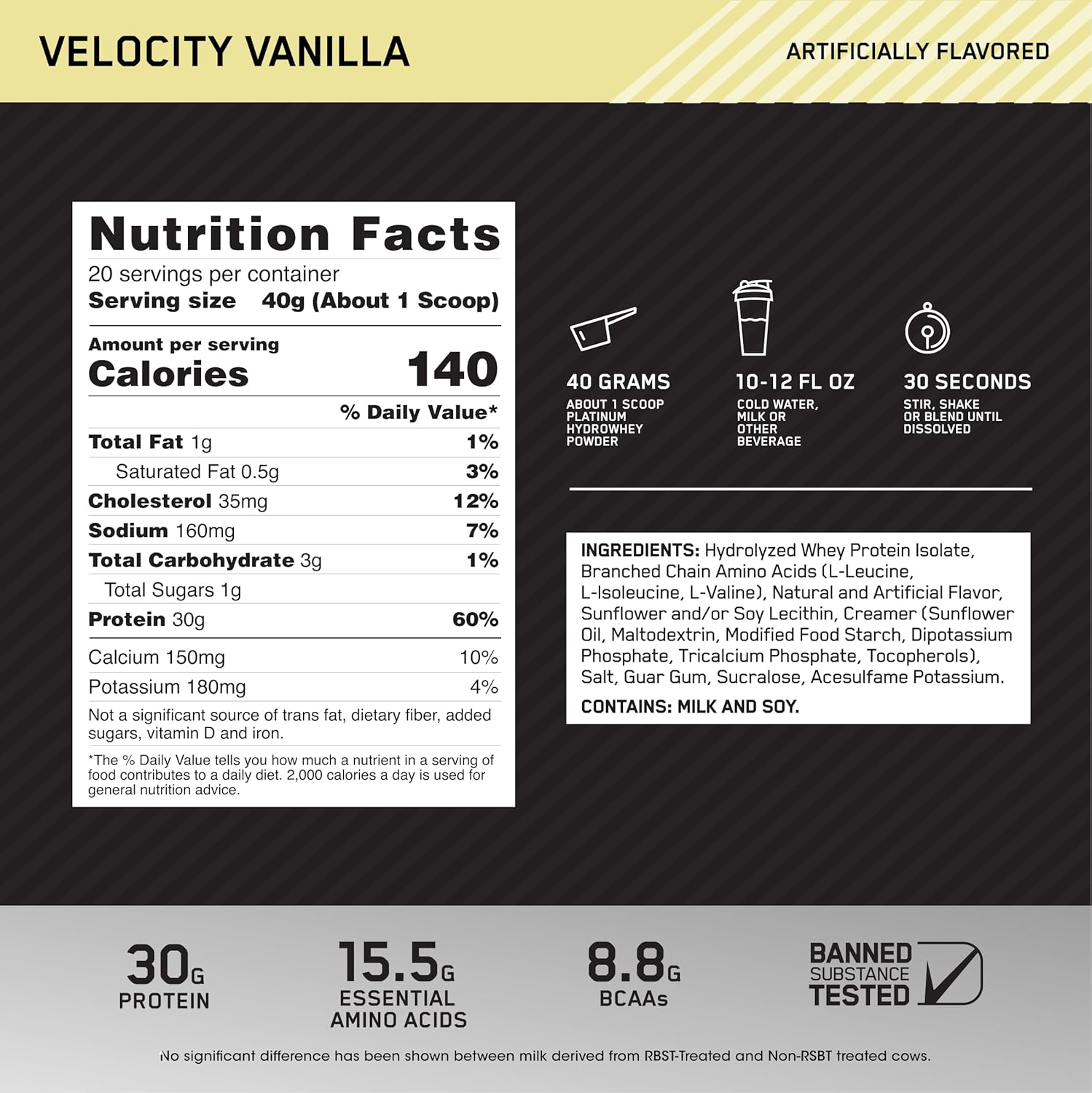 Hydrolyzed Whey Protein Isolate Powder, Velocity Vanilla Flavor, 20 Servings, 1.76lbs, Optimum Nutrition Platinum Hydrowhey