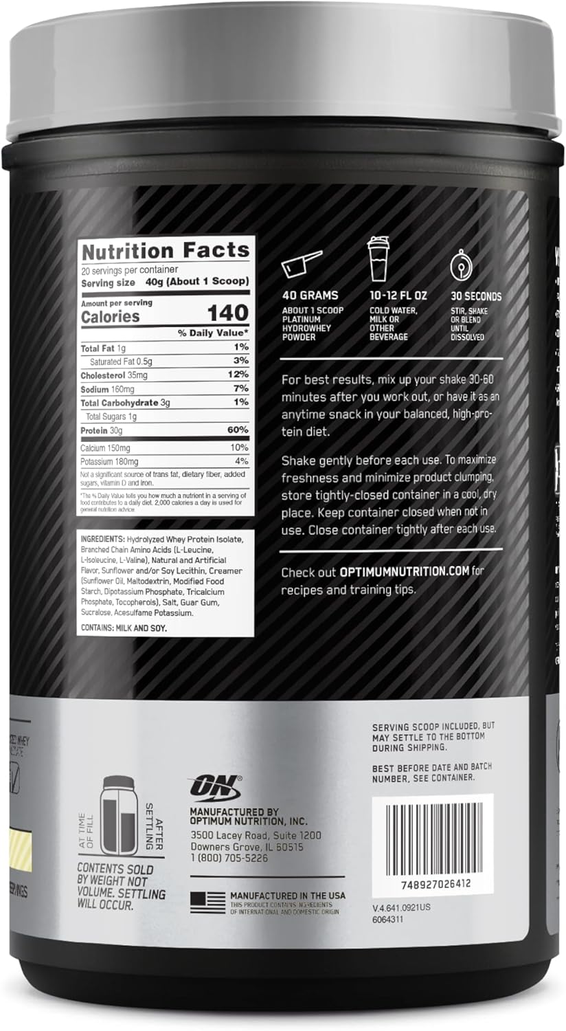 Hydrolyzed Whey Protein Isolate Powder, Velocity Vanilla Flavor, 20 Servings, 1.76lbs, Optimum Nutrition Platinum Hydrowhey