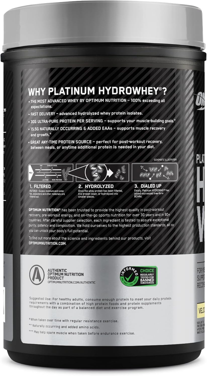 Hydrolyzed Whey Protein Isolate Powder, Velocity Vanilla Flavor, 20 Servings, 1.76lbs, Optimum Nutrition Platinum Hydrowhey