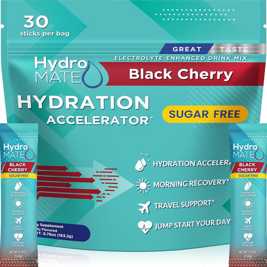 HydroMATE Electrolyte Powder, Black Cherry Flavor, Sugar-Free Hydration Packets with Vitamin C - 30 Count