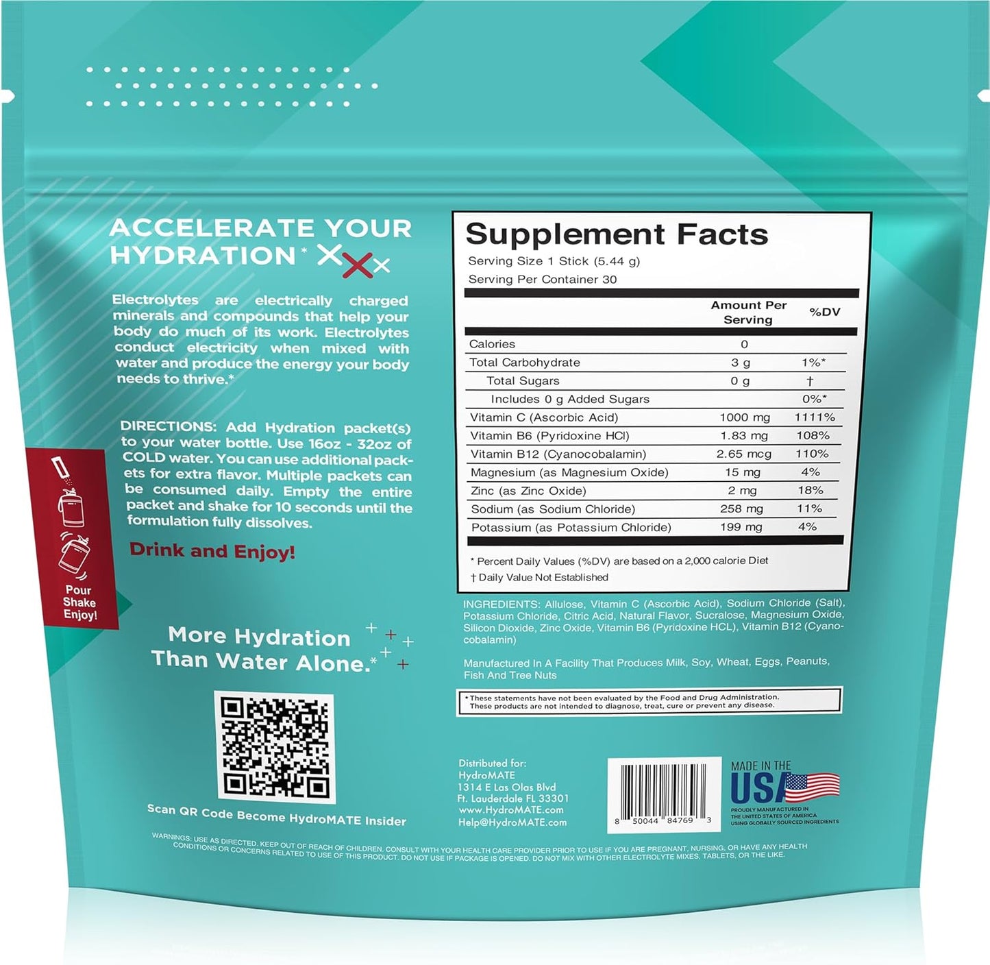 HydroMATE Electrolyte Powder, Black Cherry Flavor, Sugar-Free Hydration Packets with Vitamin C - 30 Count