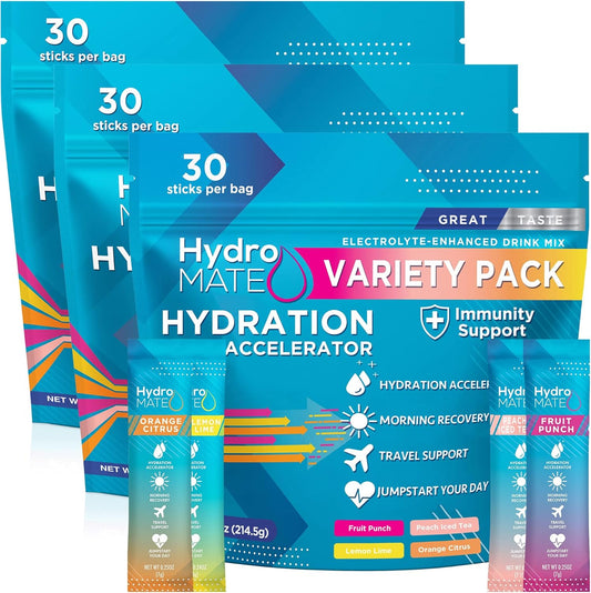 HydroMATE Electrolyte Powder Drink Mix Variety Pack with Vitamin C - 90 Packets for Rapid Hydration and Low Sugar Relief