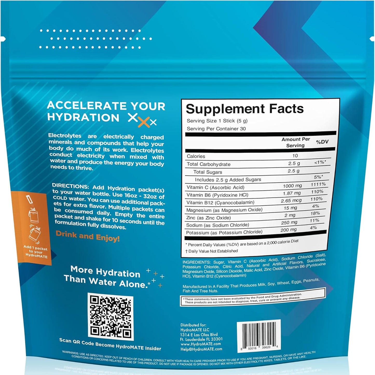 HydroMATE Electrolytes Powder 30 Count Packets with Vitamin C Orange for Instant Hydration and Energy Boost - Low Sugar Fast Recovery