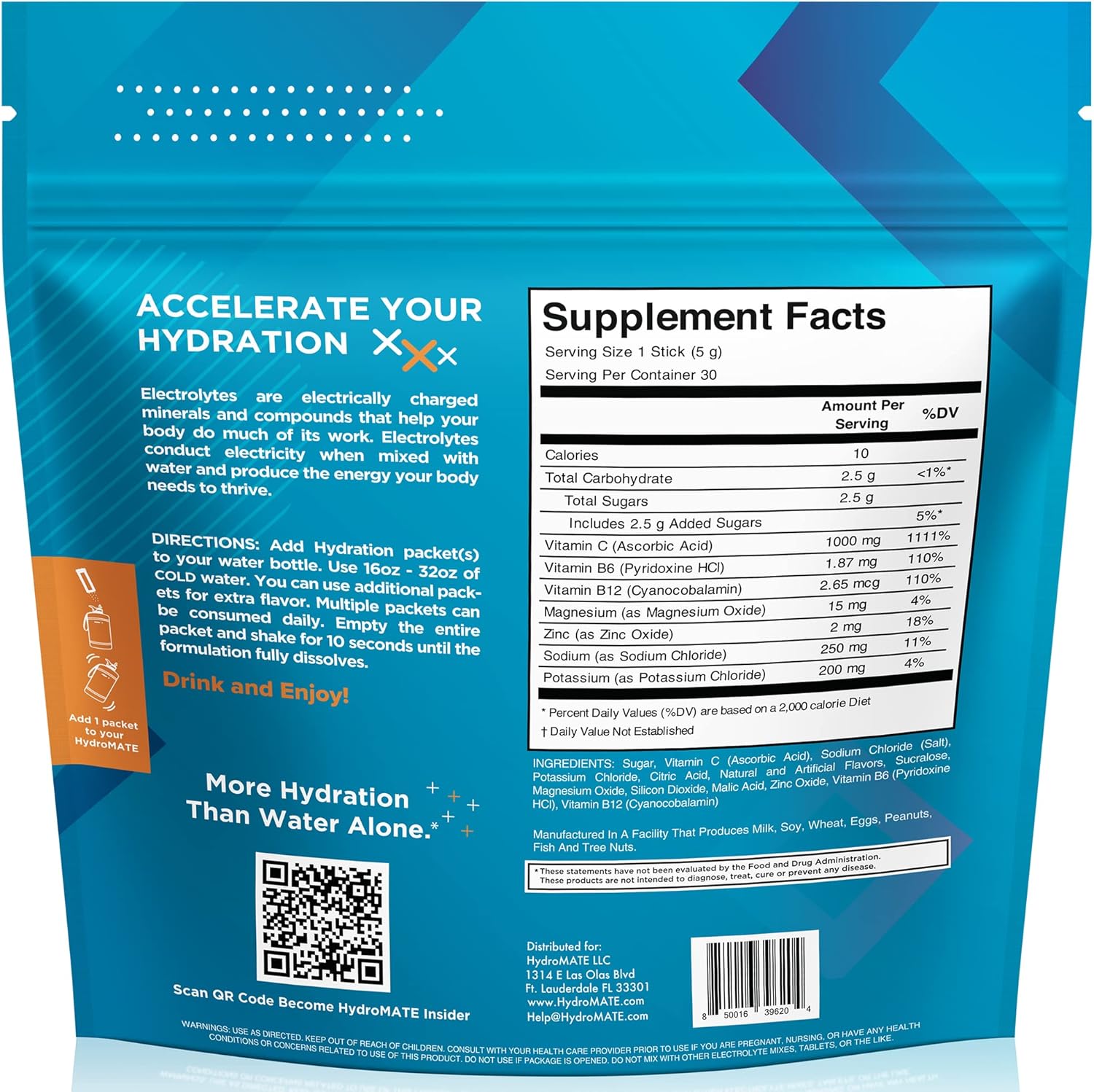 HydroMATE Electrolytes Powder 30 Count Packets with Vitamin C Orange for Instant Hydration and Energy Boost - Low Sugar Fast Recovery