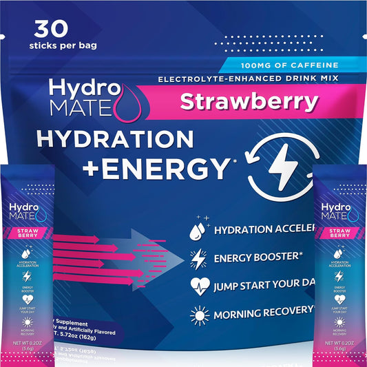 HydroMATE Electrolytes Powder Drink Mix Packets - Strawberry Flavor, Low Sugar, Vitamin C, Caffeine, 30 Pack