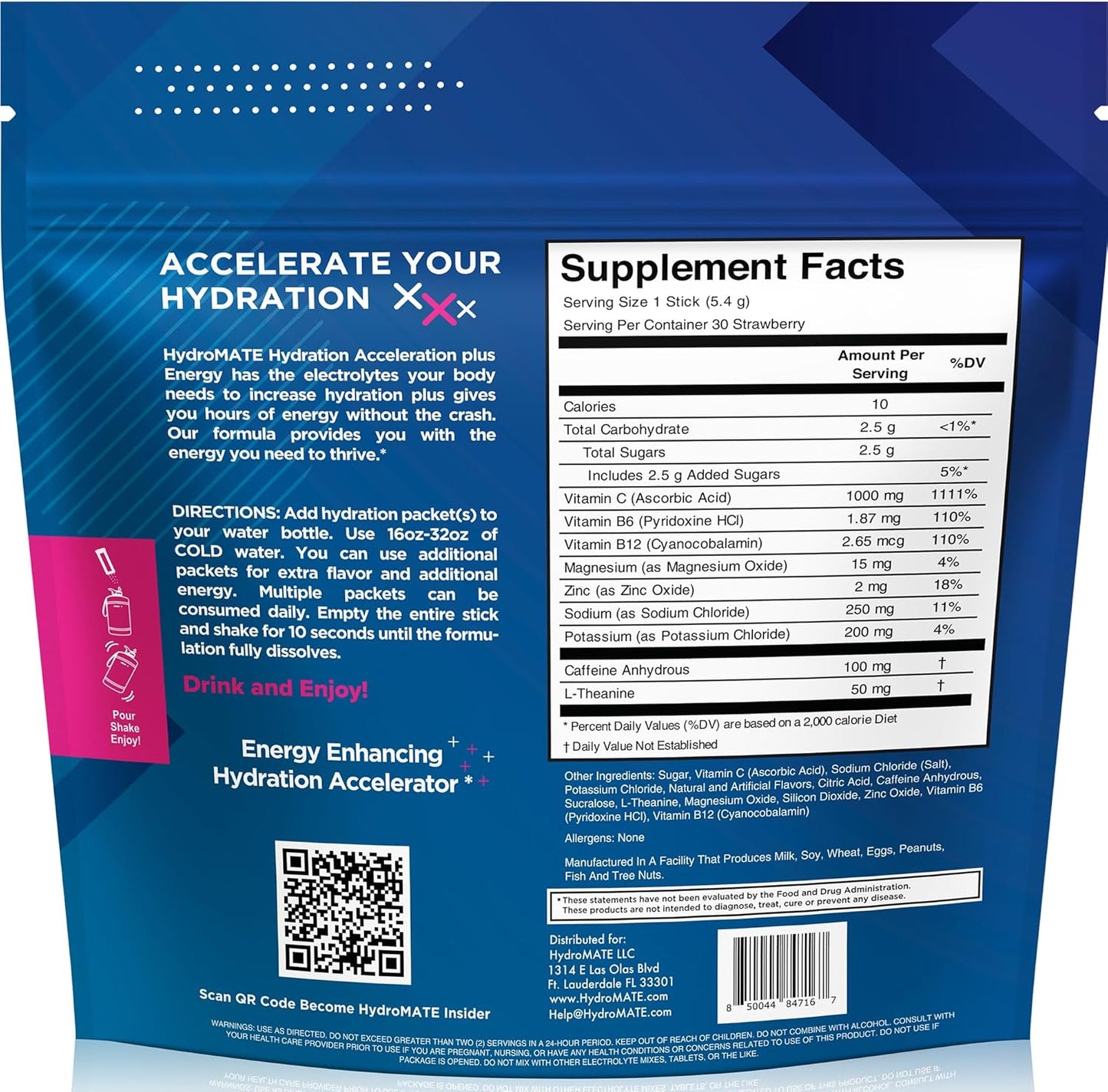 HydroMATE Electrolytes Powder Drink Mix Packets - Strawberry Flavor, Low Sugar, Vitamin C, Caffeine, 30 Pack