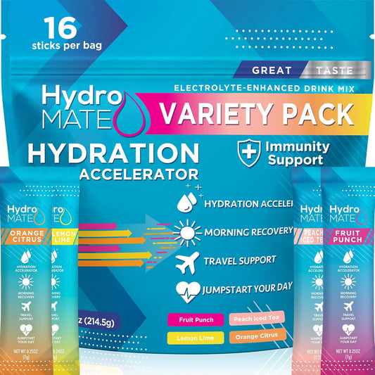 HydroMATE Electrolytes Powder Packets Variety Pack - 16 Sticks with Low Carb Hydration Accelerator and Vitamin C for Party Relief