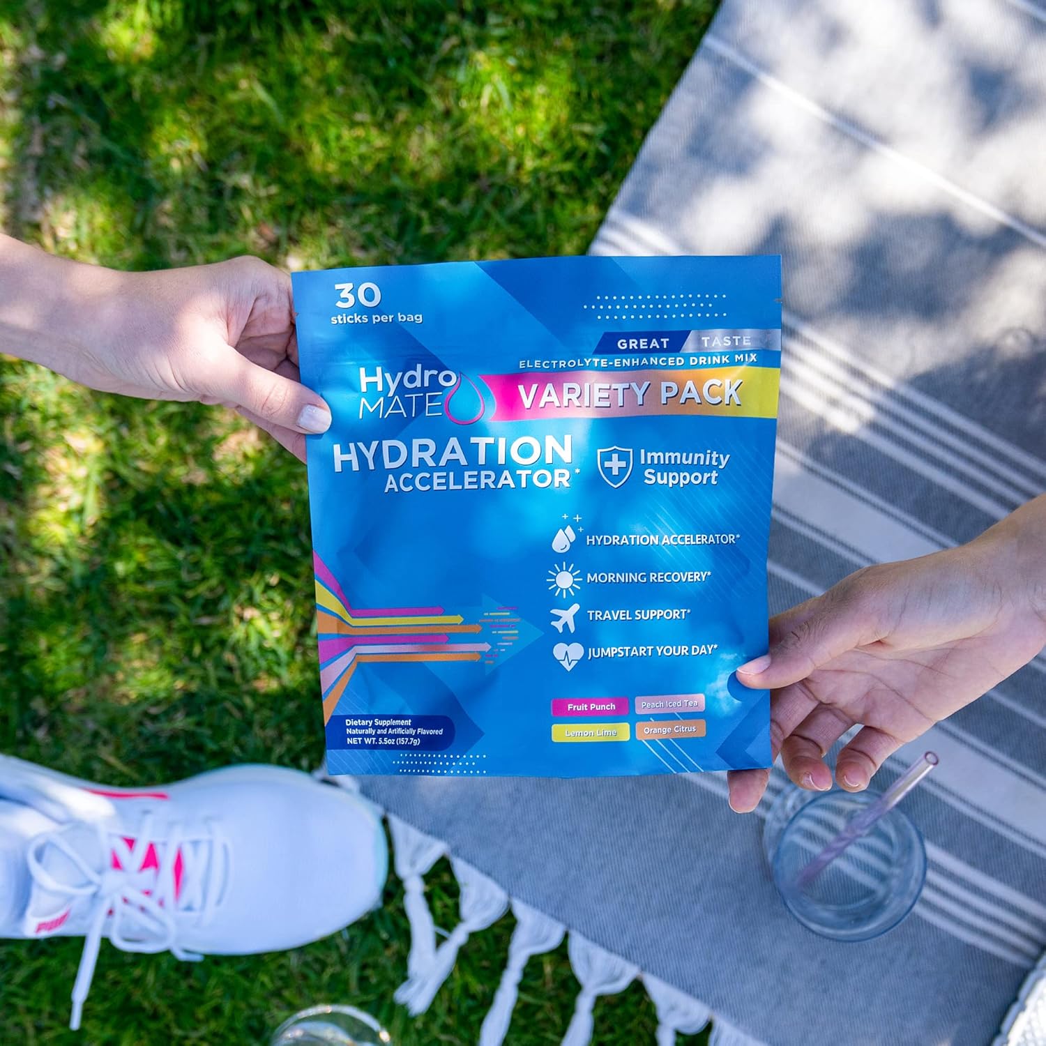 HydroMATE Electrolytes Powder Packets Variety Pack - 16 Sticks with Low Carb Hydration Accelerator and Vitamin C for Party Relief