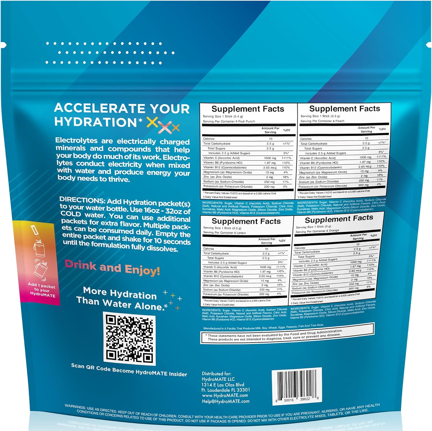 HydroMATE Electrolytes Powder Packets Variety Pack - 16 Sticks with Low Carb Hydration Accelerator and Vitamin C for Party Relief