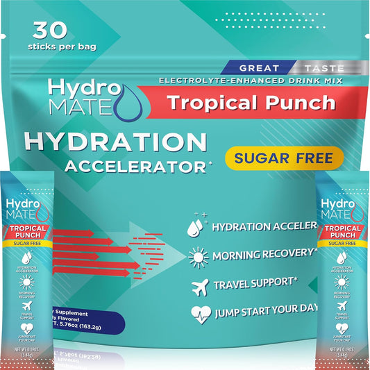 HydroMATE Electrolytes Powder Tropical Punch Sugar Free Hydration Packets with Vitamin C - 30 Count