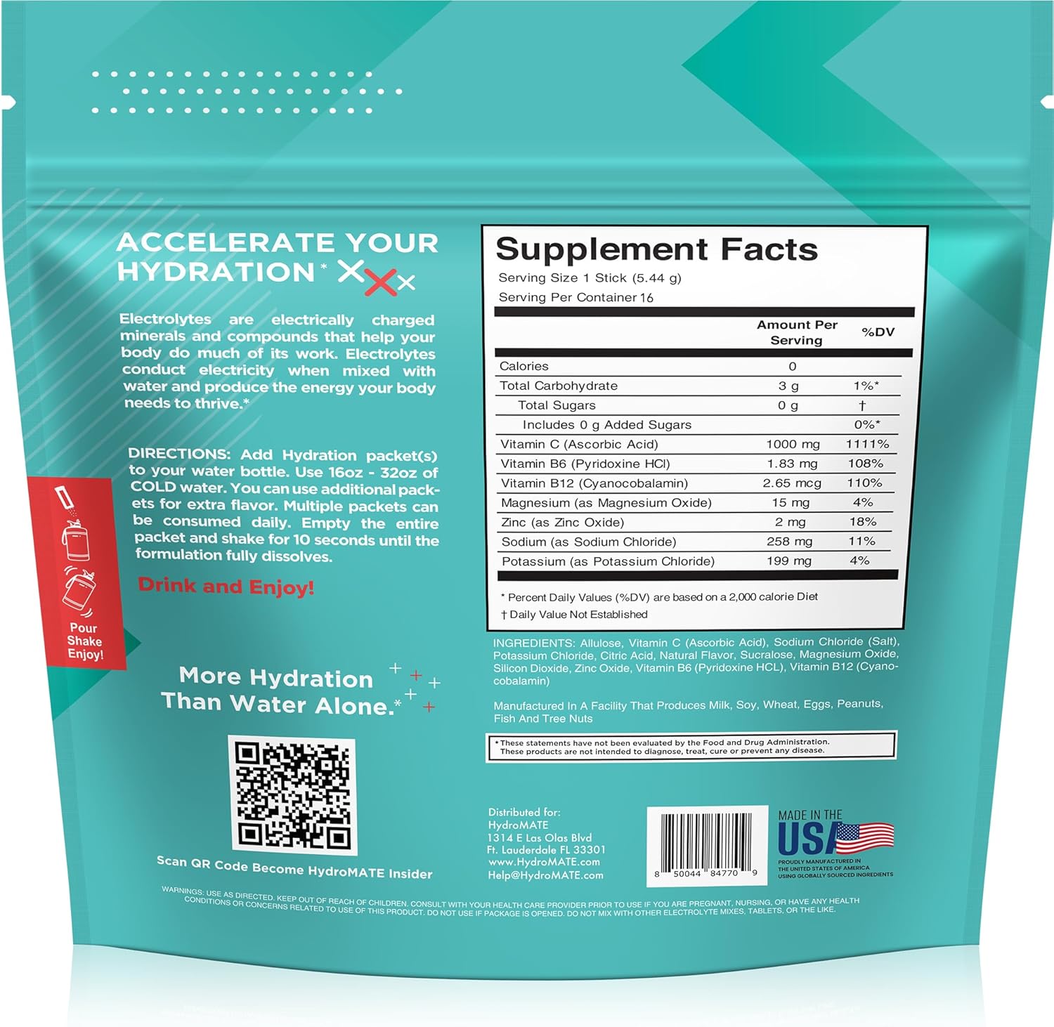 HydroMATE Electrolytes Powder Tropical Punch Sugar Free Hydration Packets with Vitamin C - 30 Count