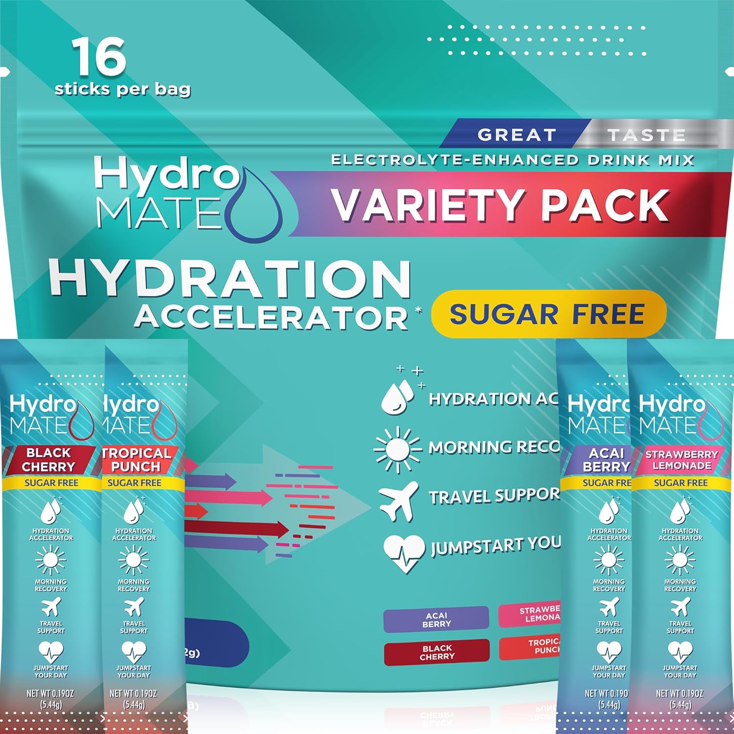 HydroMATE Electrolytes Powder Variety Pack with Vitamin C - Sugar Free Keto Party Favors for Hydration - 16 Sticks