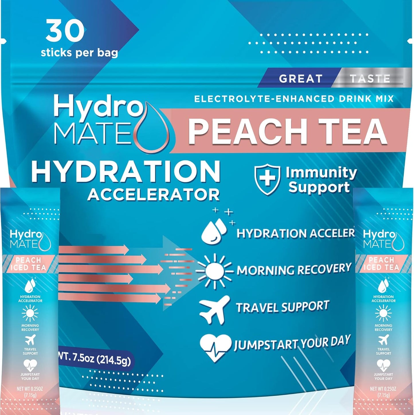 HydroMATE Peach Tea Electrolyte Powder Packets - 30 Count with Vitamin C for Fast Hydration and Energy Boost - Low Sugar Formula for Party Recovery
