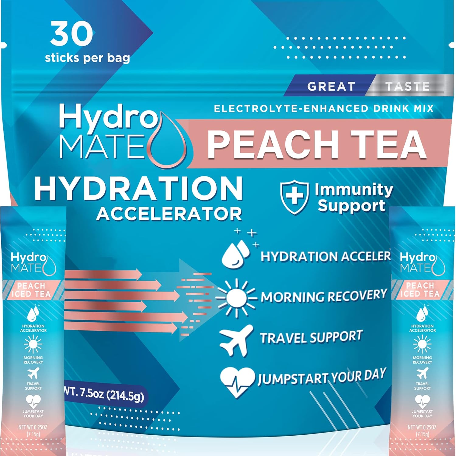 HydroMATE Peach Tea Electrolyte Powder Packets - 30 Count with Vitamin C for Fast Hydration and Energy Boost - Low Sugar Formula for Party Recovery