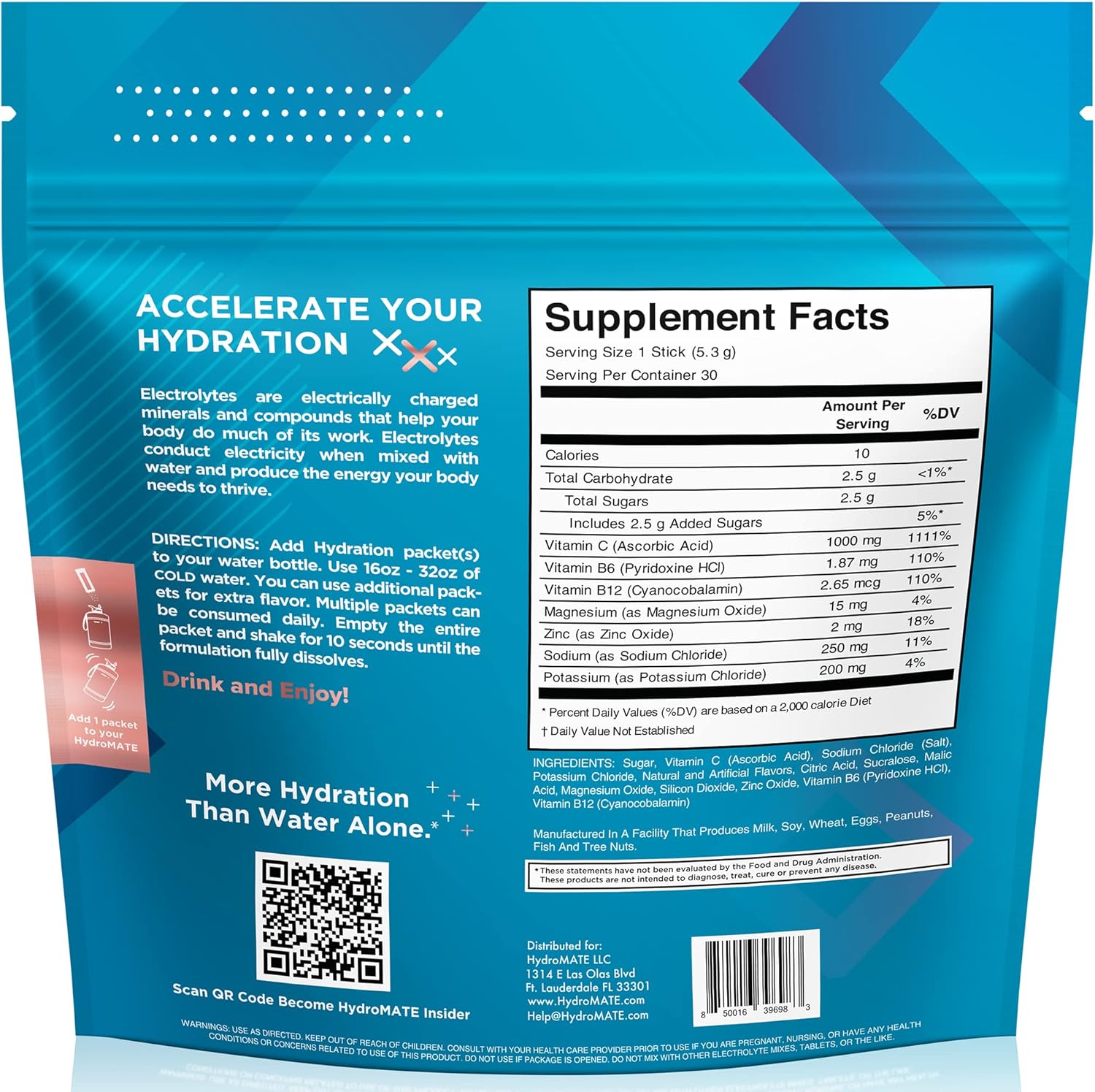 HydroMATE Peach Tea Electrolyte Powder Packets - 30 Count with Vitamin C for Fast Hydration and Energy Boost - Low Sugar Formula for Party Recovery