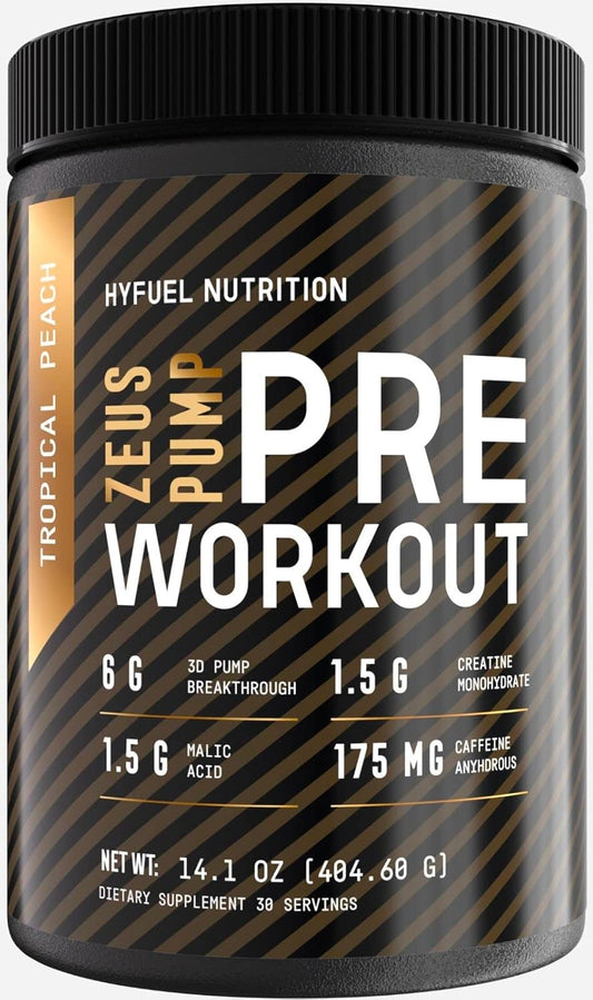 Hyfuel Nutrition Zeus Pump Pre-Workout Powder - Enhance Focus and Energy - With Creatine, L-Citrulline, Agmatine, Kanna, Betaine Anhydrous - 3D Pump Breakthrough® Formula - Tropical Peach Flavor - Sugar-Free