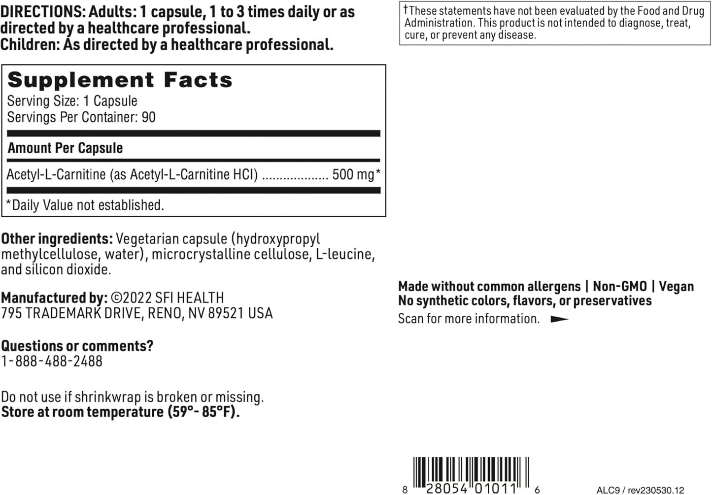 Hypoallergenic Acetyl-L-Carnitine 500mg Capsules - Cognitive & Brain Health Support Supplement (90 Count)