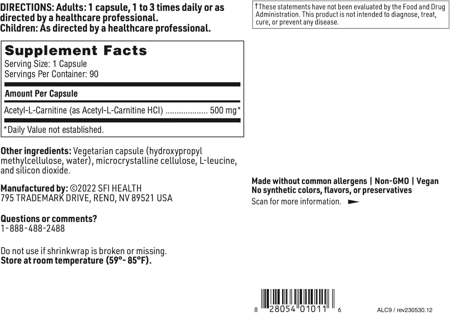 Hypoallergenic Acetyl-L-Carnitine 500mg Capsules - Cognitive & Brain Health Support Supplement (90 Count)