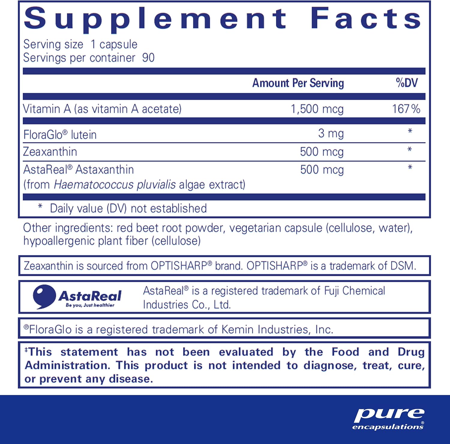 Hypoallergenic Dietary Supplement with Vitamin A, Lutein, Zeaxanthin, and Astaxanthin | 90 Capsules