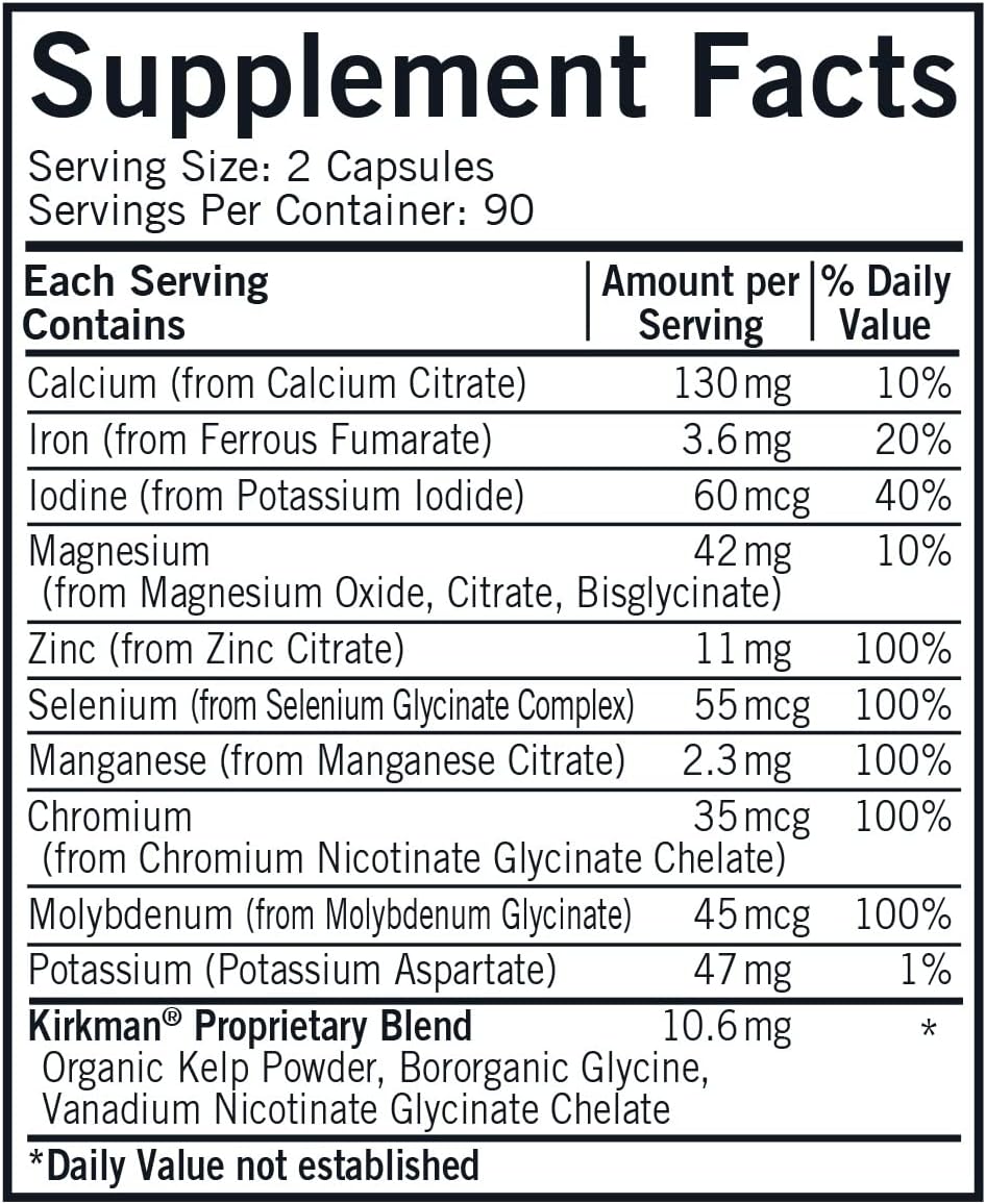 Hypoallergenic Kirkman Multiple Mineral Complex Pro-Support - 180 Vegetarian Capsules with Essential Minerals